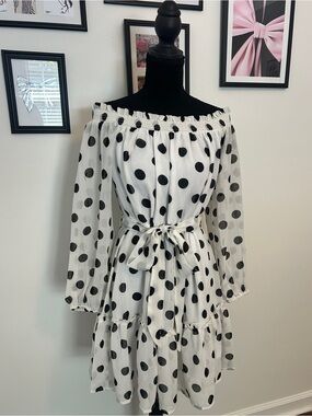 Off-Shoulder Black Polka Dot Midi Dress - White